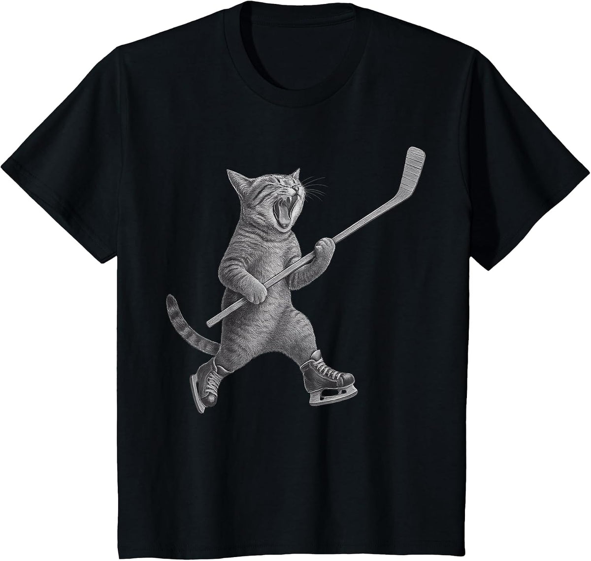 Cat Playing Ice Hockey Stick Funny Skating Cat T-Shirt - Black