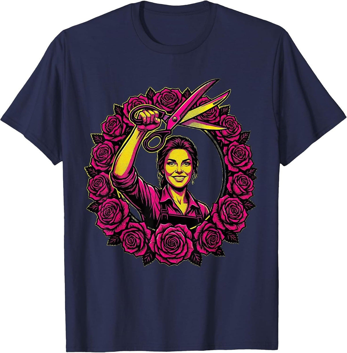 Labor Day Gardener with Shears and Roses Graphic T-Shirt - Navy Blue