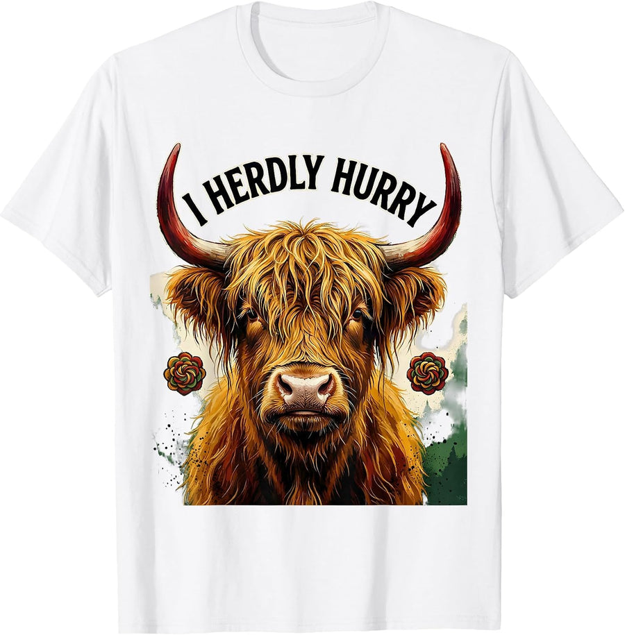 Men's I Herdly Hurry Folk Art Highland Cow Farm Humor T-Shirt - White