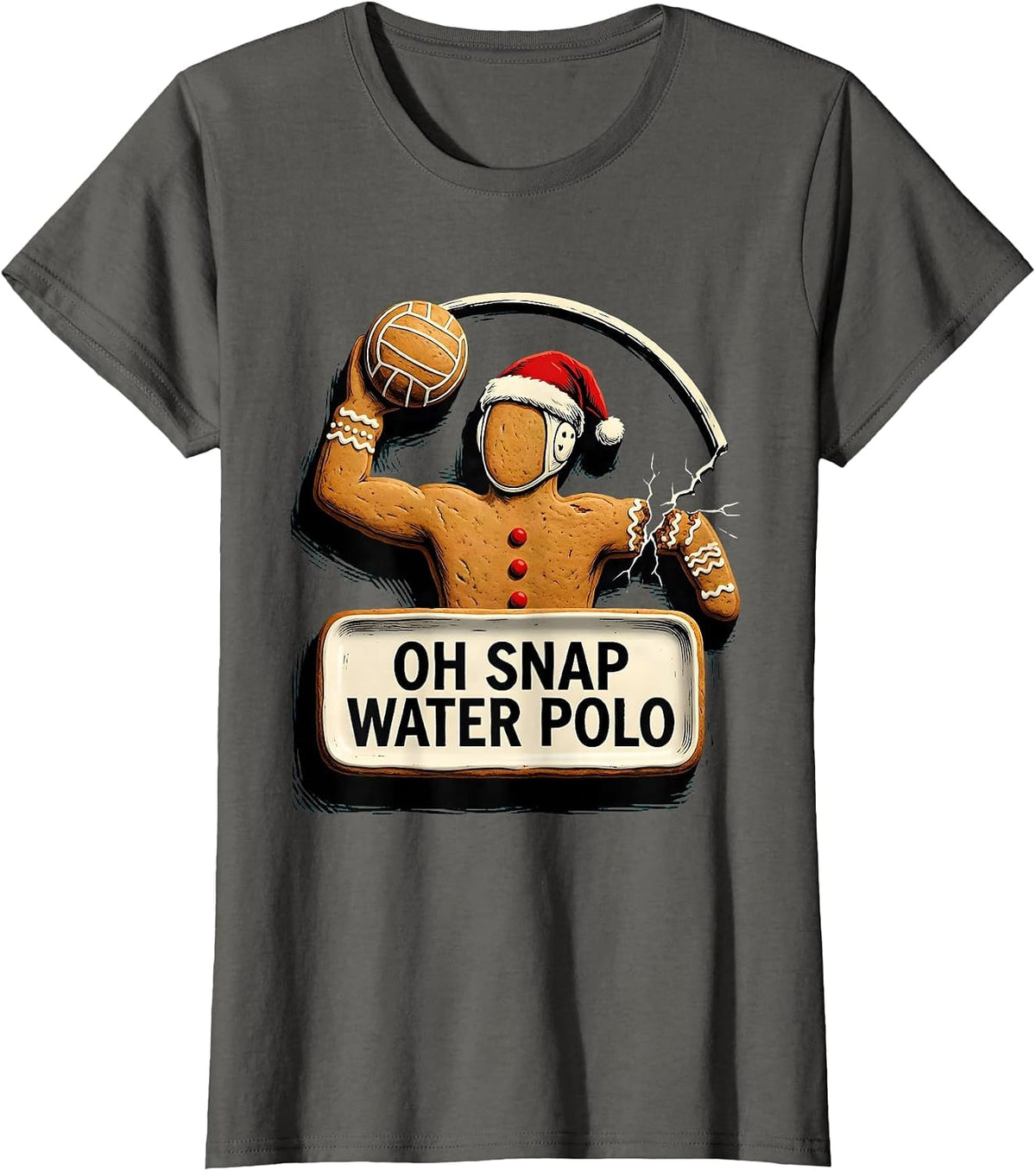 Women's Oh Snap Water Polo Funny Gingerbread Man Christmas Water T-Shirt - Asphalt Grey