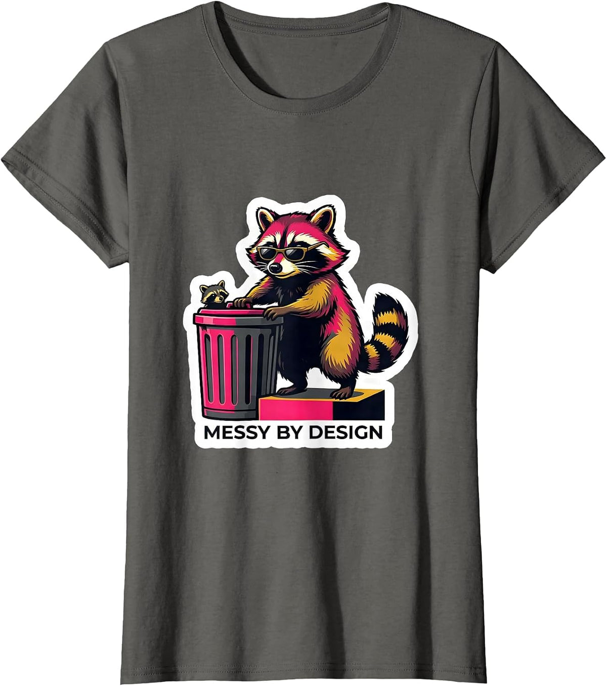 Women's Messy By Design Funny Raccoon Meme Bootleg Graphic T-Shirt - Asphalt Grey