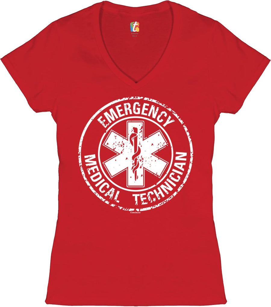 Emergency Medical Technician Women's V-Neck T-Shirt EMT Distressed EMS Tee - Red