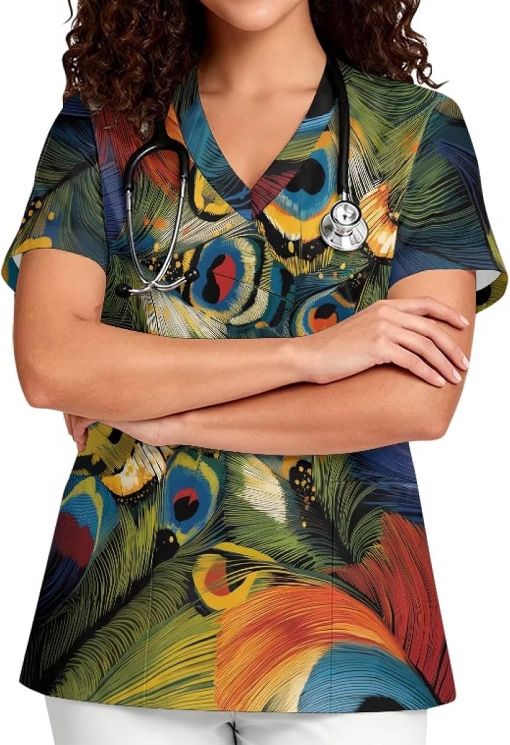 Printed Scrub Top for Women, V Neck Stretch Plus Size Work Uniform - Colorful - Peacock Feather Print