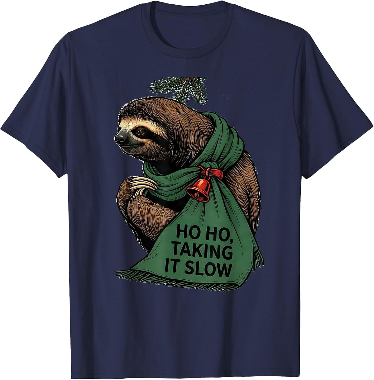Men's Ho Ho, Taking It Slow Funny Sloth Lover Ugly Christmas T-Shirt - Navy Blue