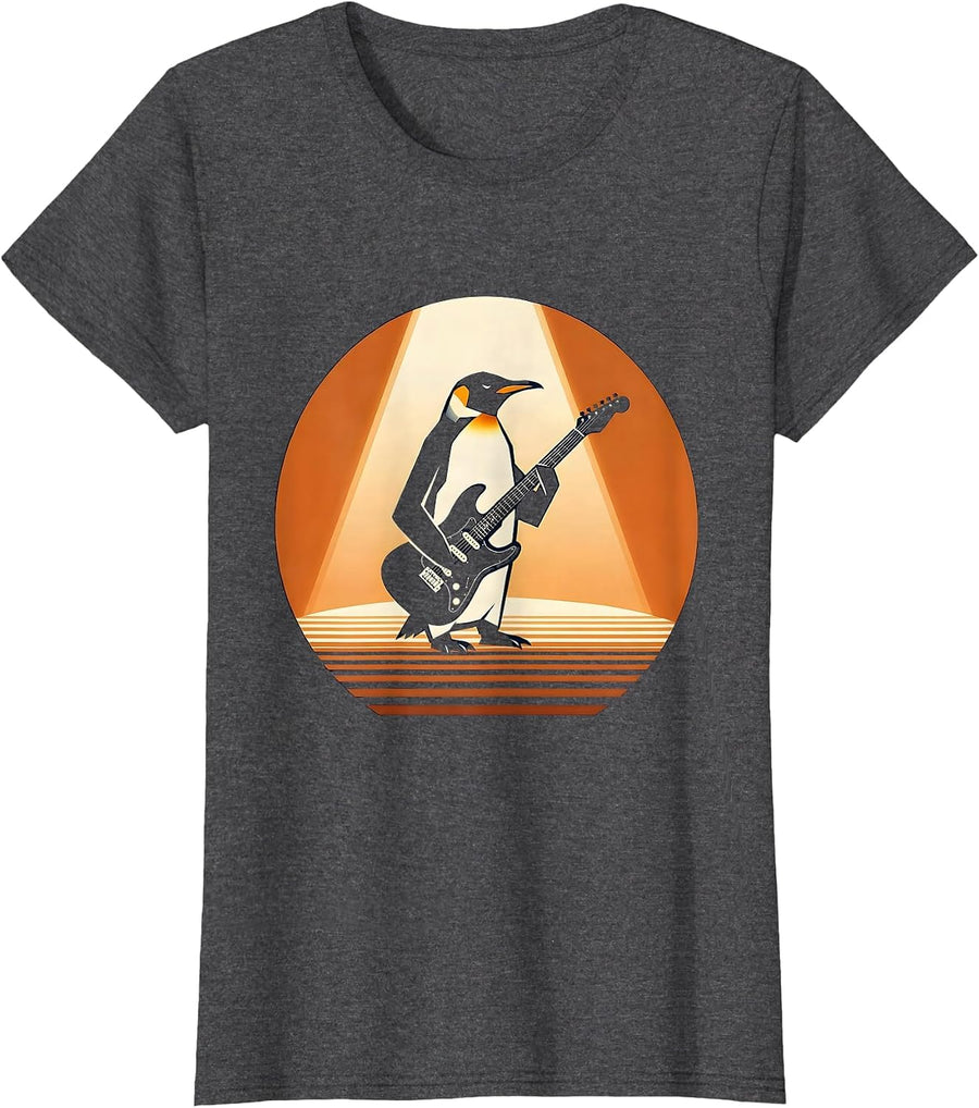 Women's Penguin Rock Star Electric Guitar Stage Design T-Shirt - Dark Heather Grey