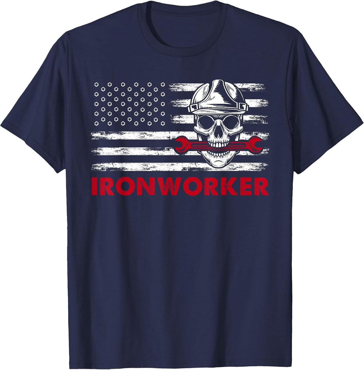 Ironworker Tools USA Flag Skull Wrenches Funny T-Shirt - Navy Blue