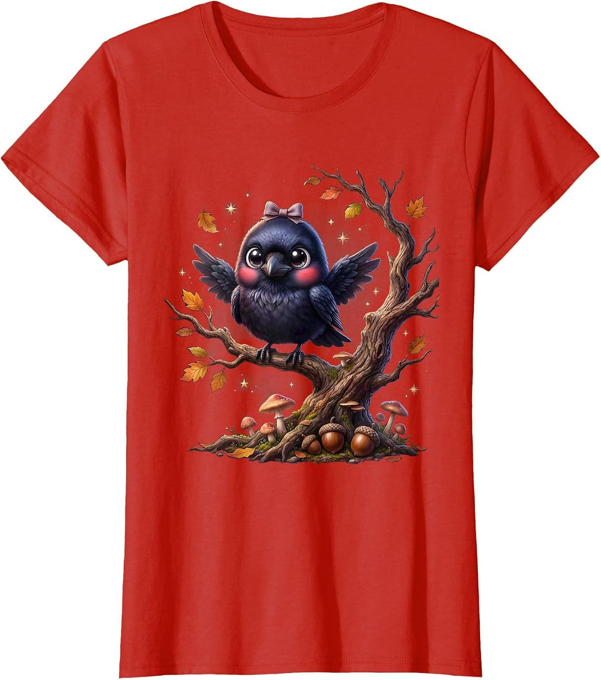 Raven on Autumn Branch Halloween Graphic T-Shirt - Red