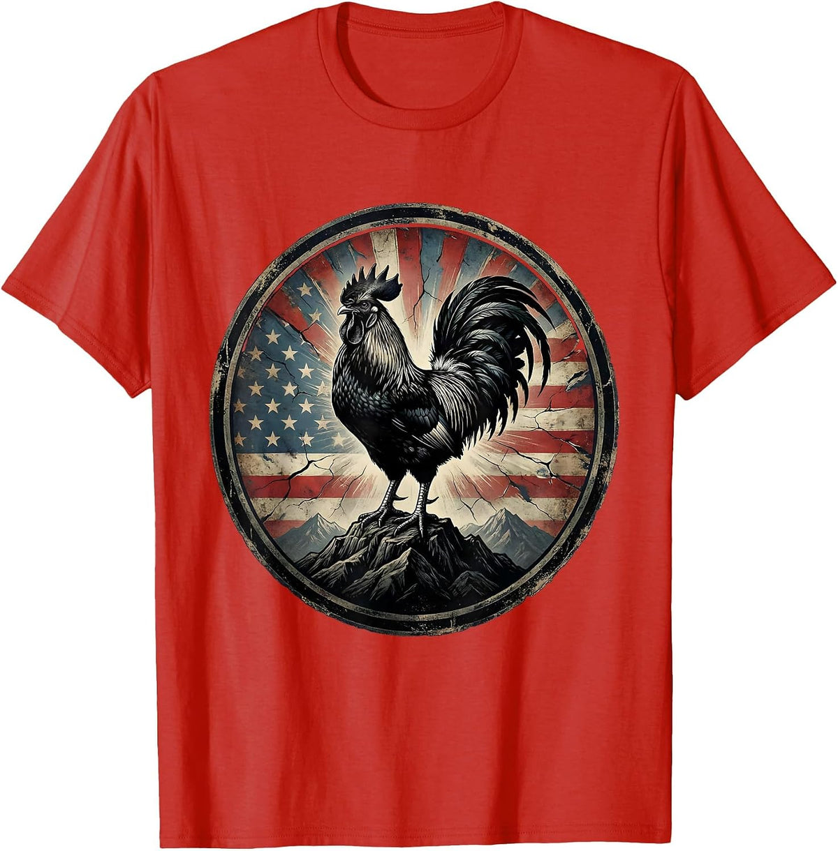 Men's Rooster on Mountain Peak Graphic Design T-Shirt - Red