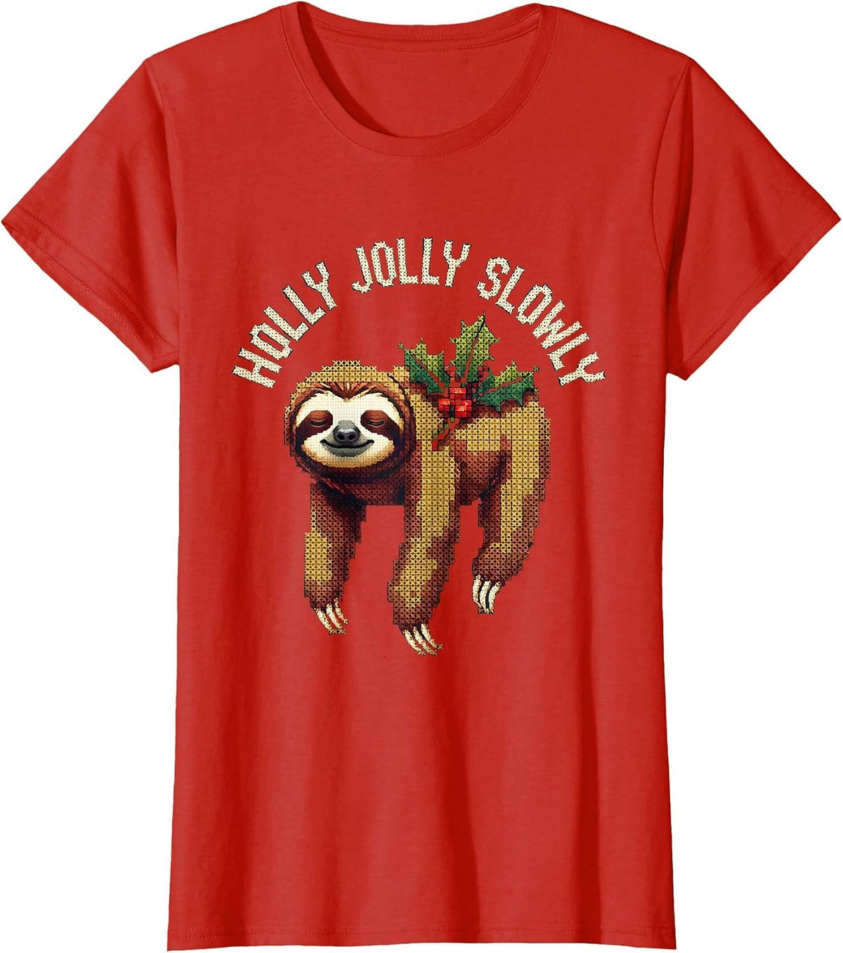 Holly Jolly Slowly Cross Stitch Sampler Sloth Lover T-Shirt - Red