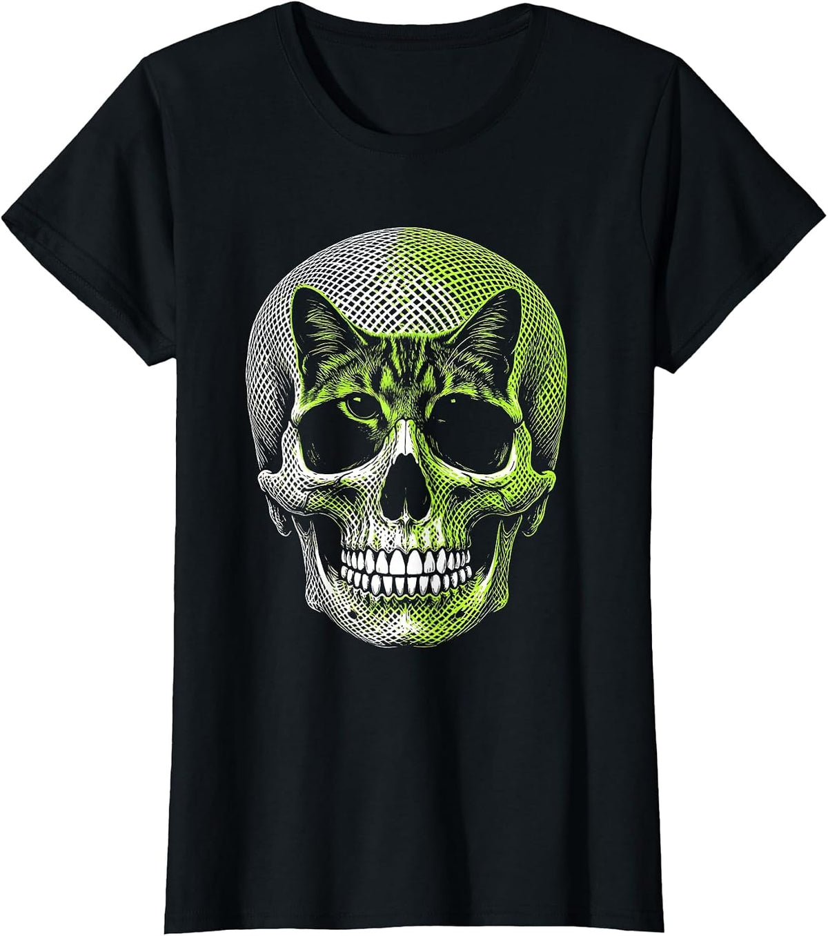 Women's Cat Skull Optical Illusion Gothic Halloween Cat Lover T-Shirt - Black
