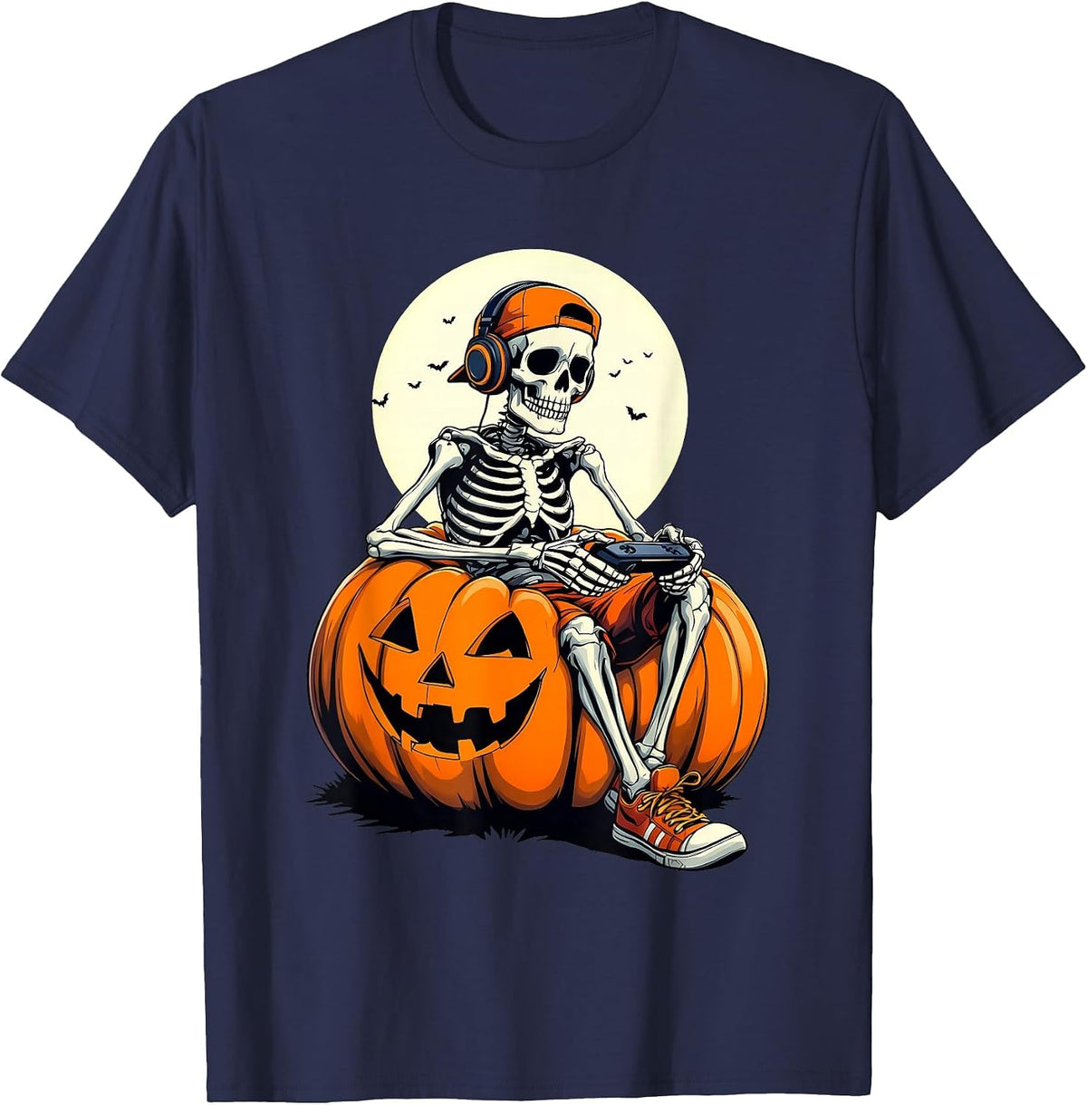 Spooky Pumpkin & Skeleton Gamer Tee | Boys & Kids Halloween T-Shirt - Navy Blue