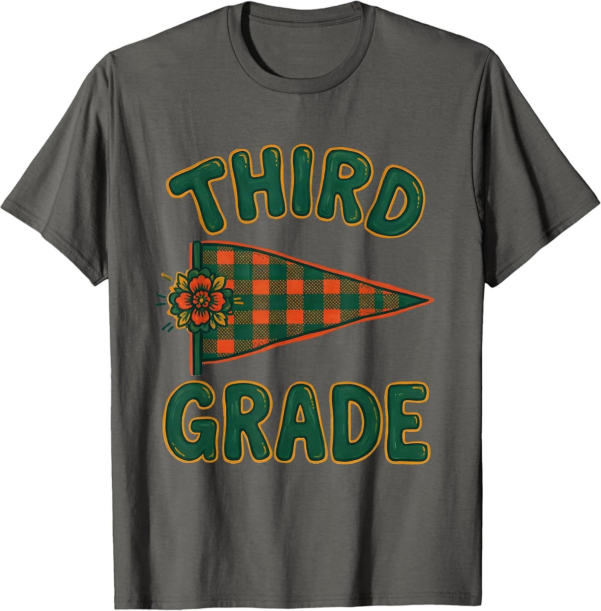Men's Third Grade Folk Art Pennant Flag Back to School T-Shirt - Asphalt Grey