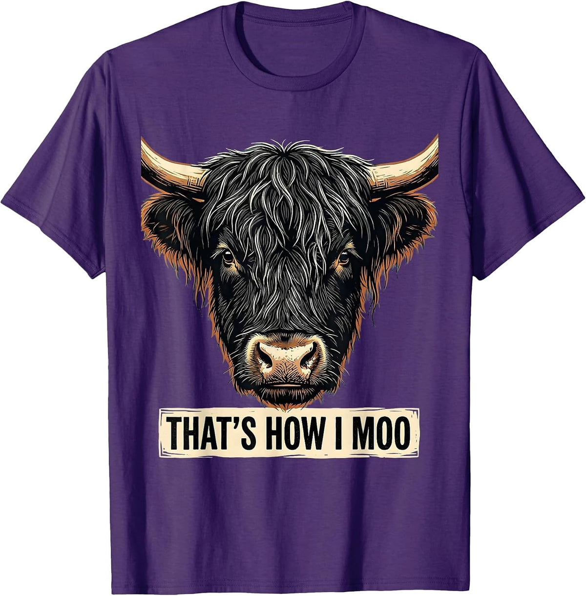 Men's That's How I Moo Funny Highland Cow Linocut Floral Humor T-Shirt - Purple