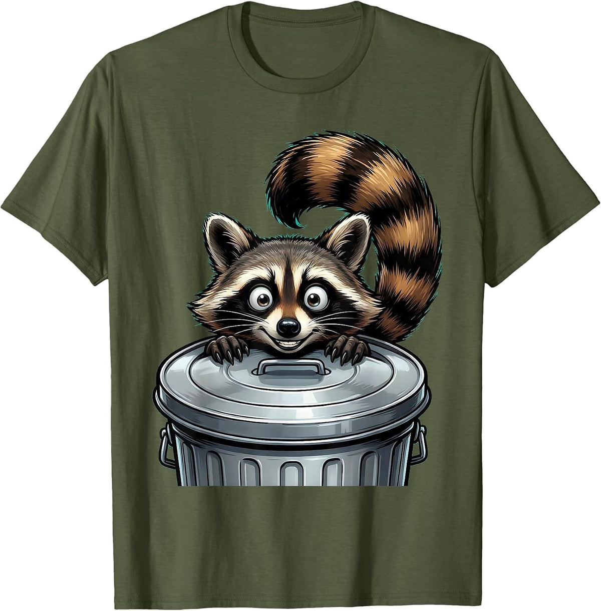 Raccoon Peeking Over Garbage Can Lid T-Shirt - Olive Green