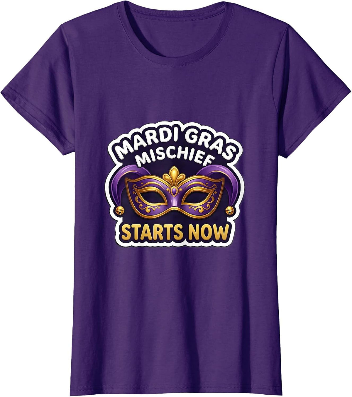 Women's Mardi Gras Mischief Starts Now Jester Mask Carnival Party T-Shirt - Purple