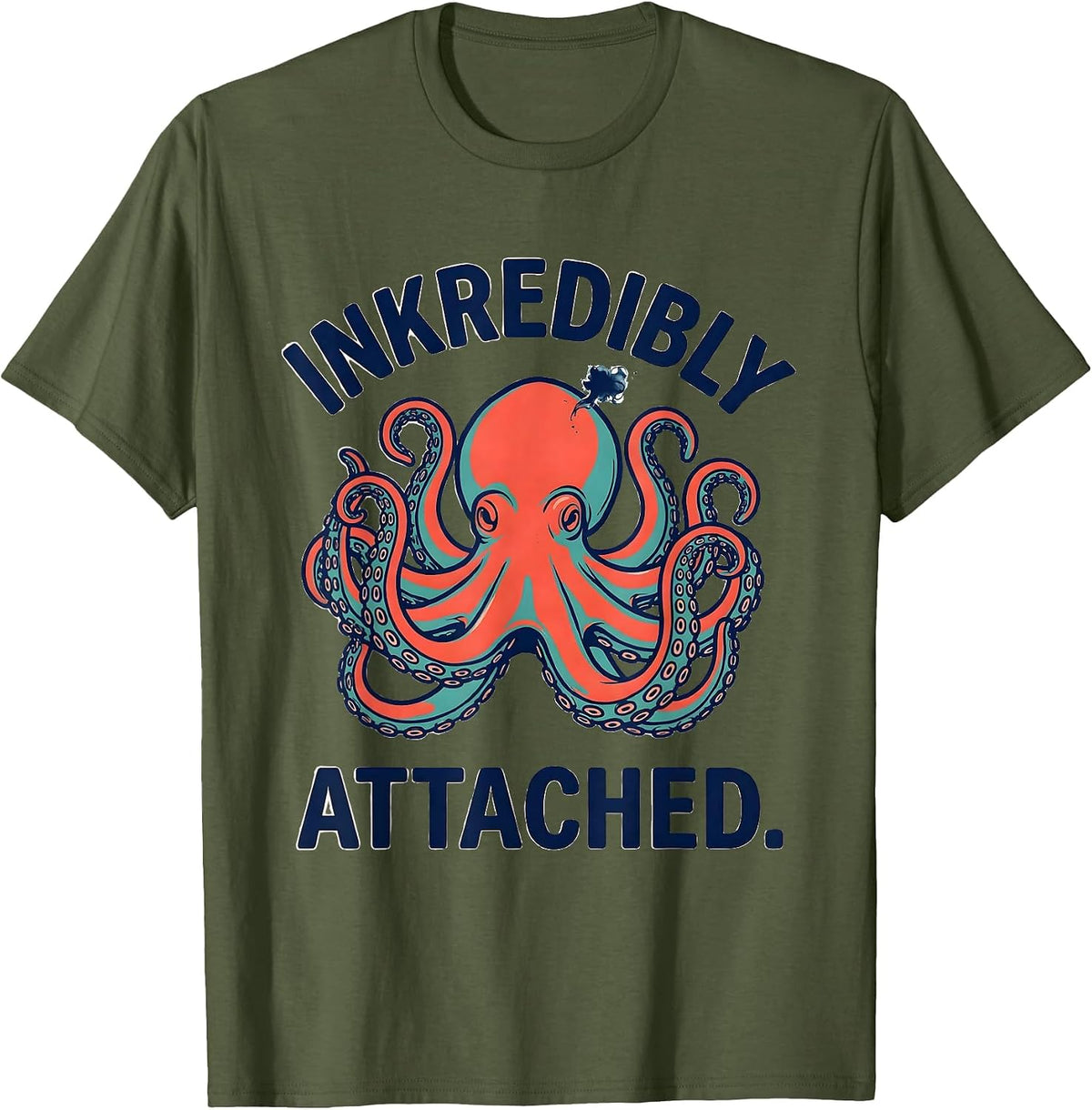Inkredibly Attached Whimsical Vintage Octopus Ocean Wildlife T-Shirt - Olive Green