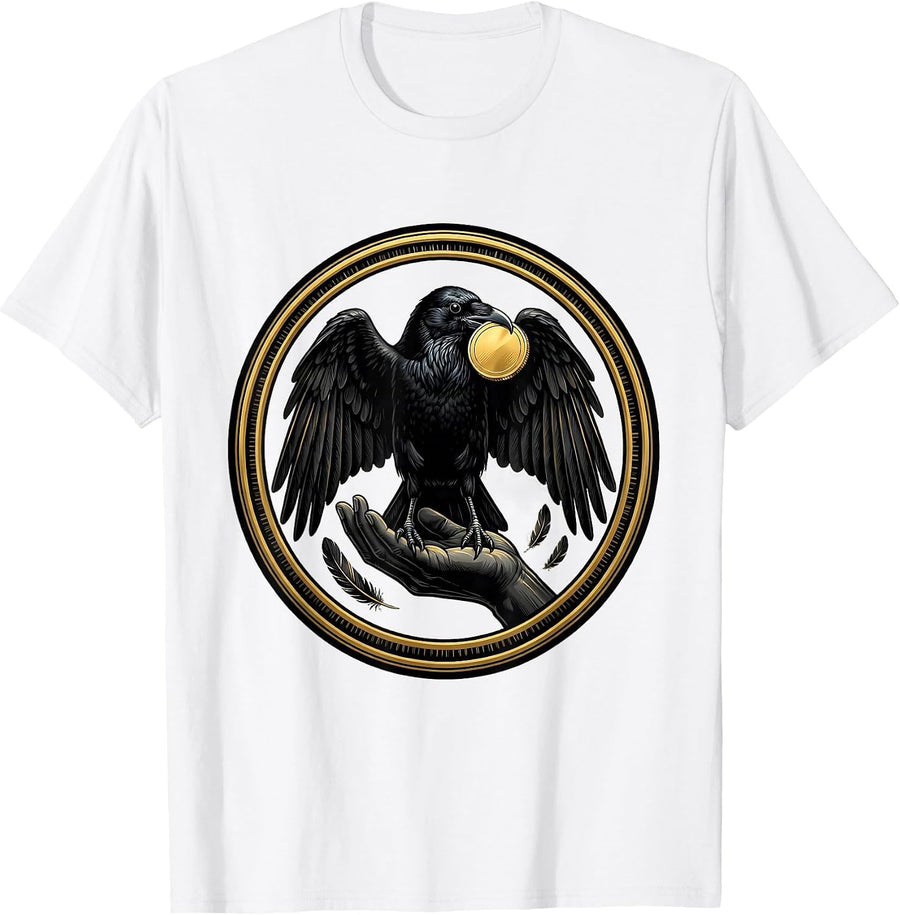 Men's Crow Stealing Gold Coin Illustration T-Shirt - White