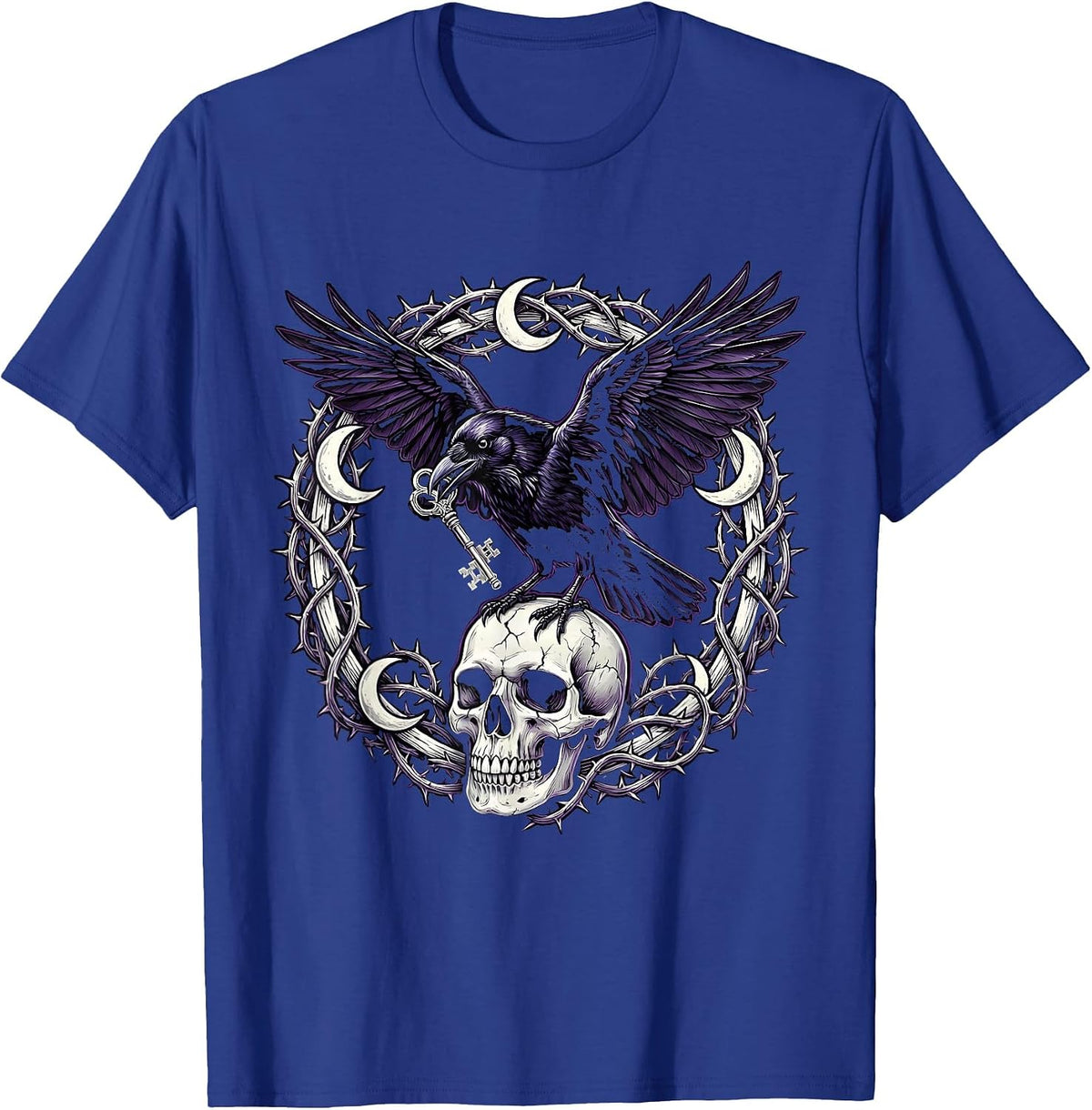 Goth Crow Holding a Key Illustration T-Shirt - Royal Blue