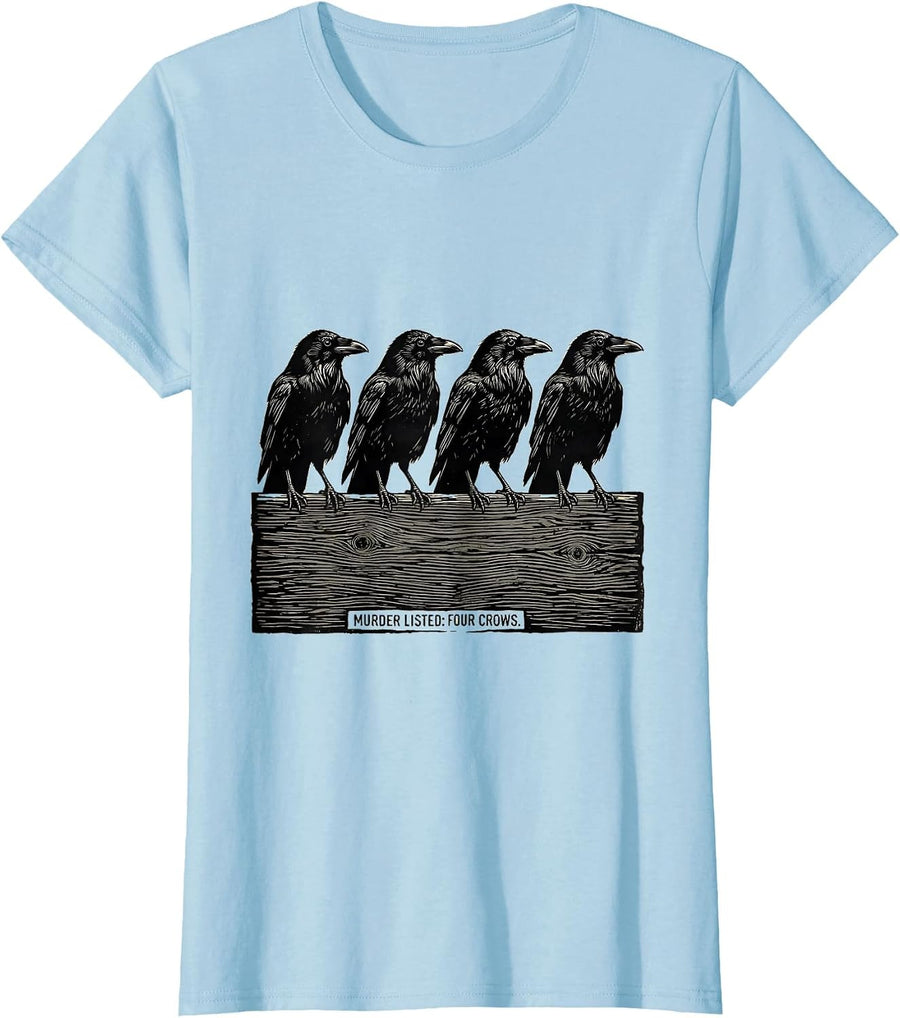 Women's Murder Listed Four Crows Linocut Dark Humor Gothic Bird T-Shirt - Baby Blue