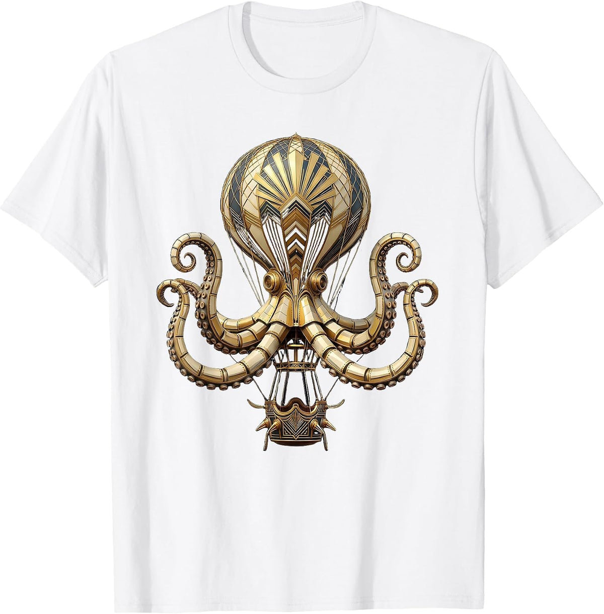 Men's Steampunk Octopus Gripping a Hot Air Balloon T-Shirt - White