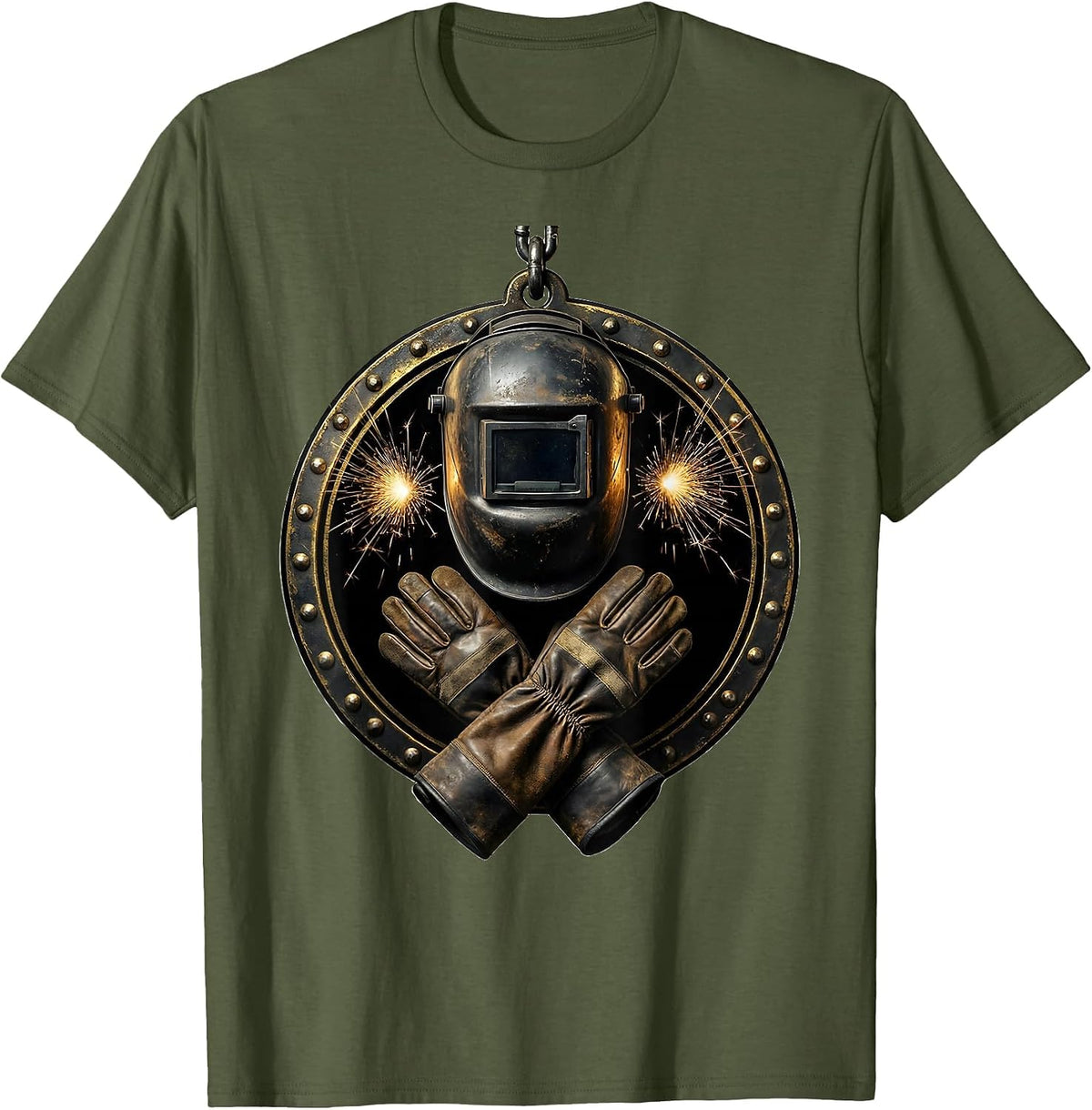 Vintage Welder Helmet and Gauntlets Graphic T-Shirt - Olive Green