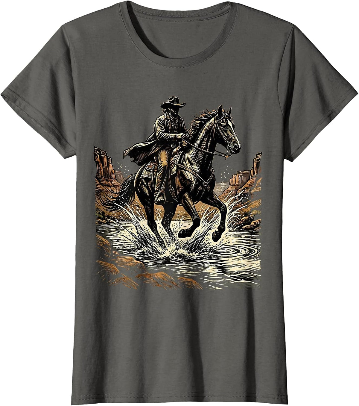 Women's Cowboy on Horseback River Crossing Graphic T-Shirt - Asphalt Grey