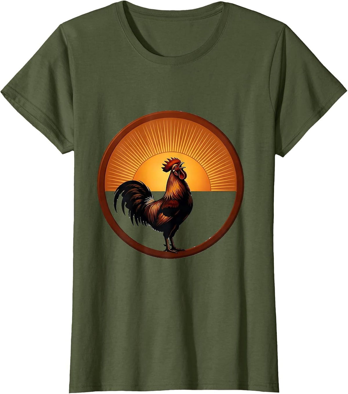 Women's Hello Rooster Crowing at Rising Sun Illustration T-Shirt - Olive Green
