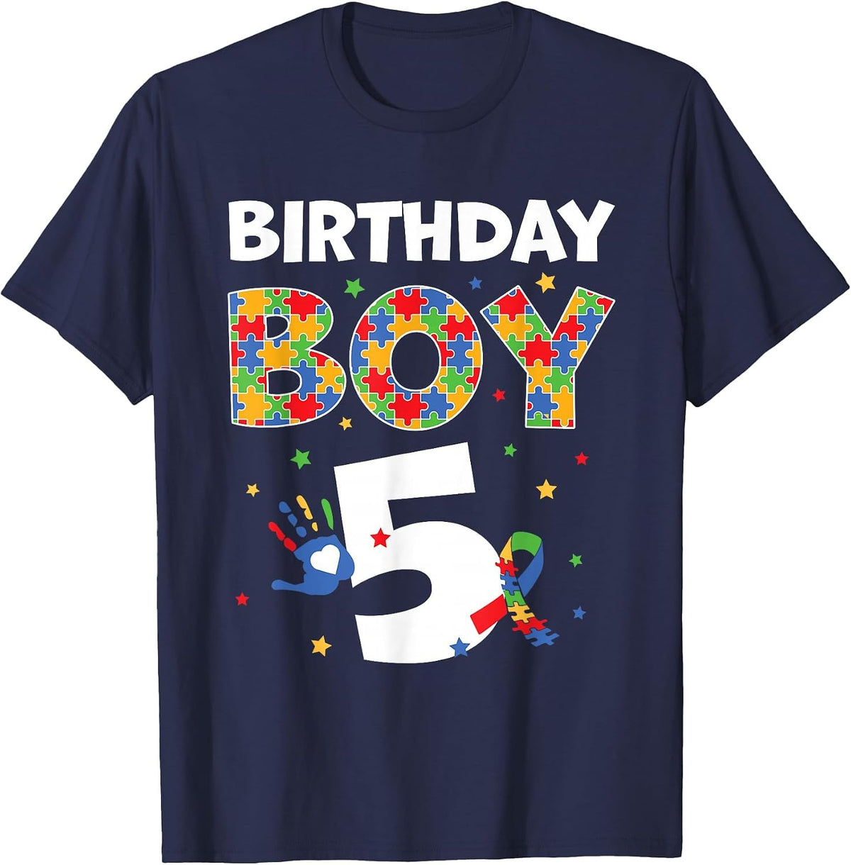 The 5th Birthday Boy Autism Awareness Puzzle Piece T-Shirt - Navy Blue