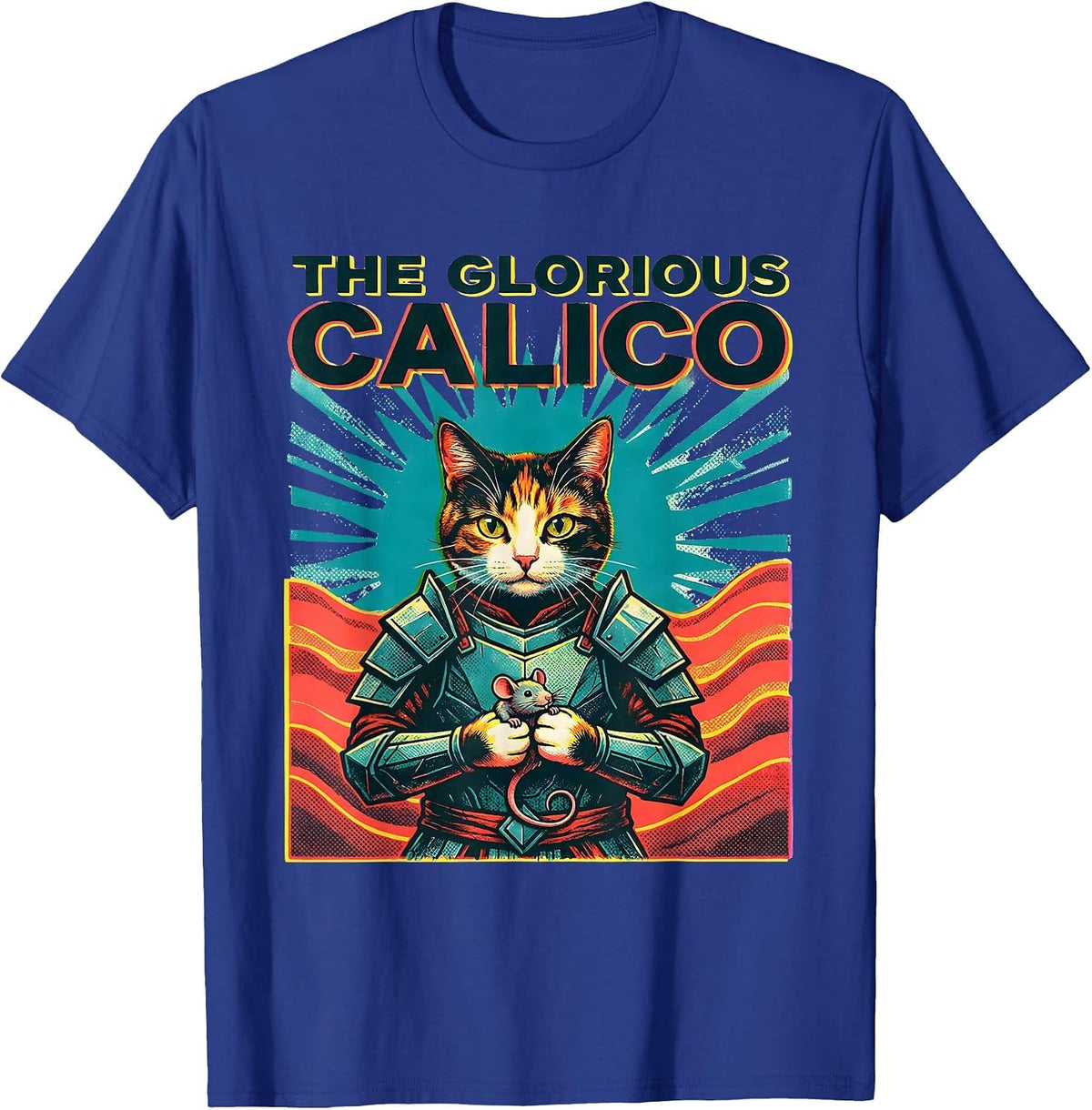 Men's The Glorious Calico Risograph Anime Cat Warrior Art Funny T-Shirt - Royal Blue