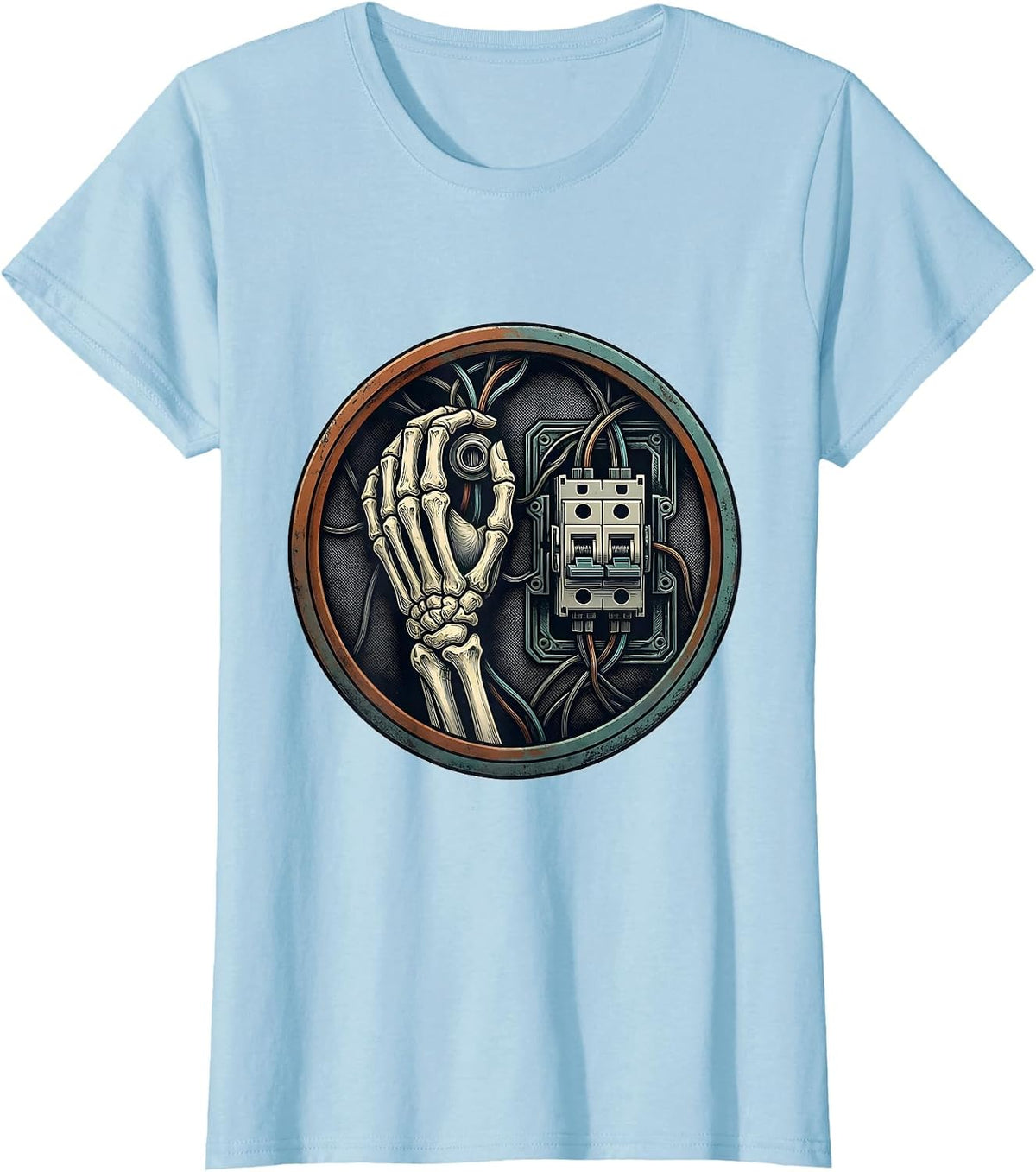 Women's Electrician Crest Skeleton Humor Electrician Gift T-Shirt - Baby Blue