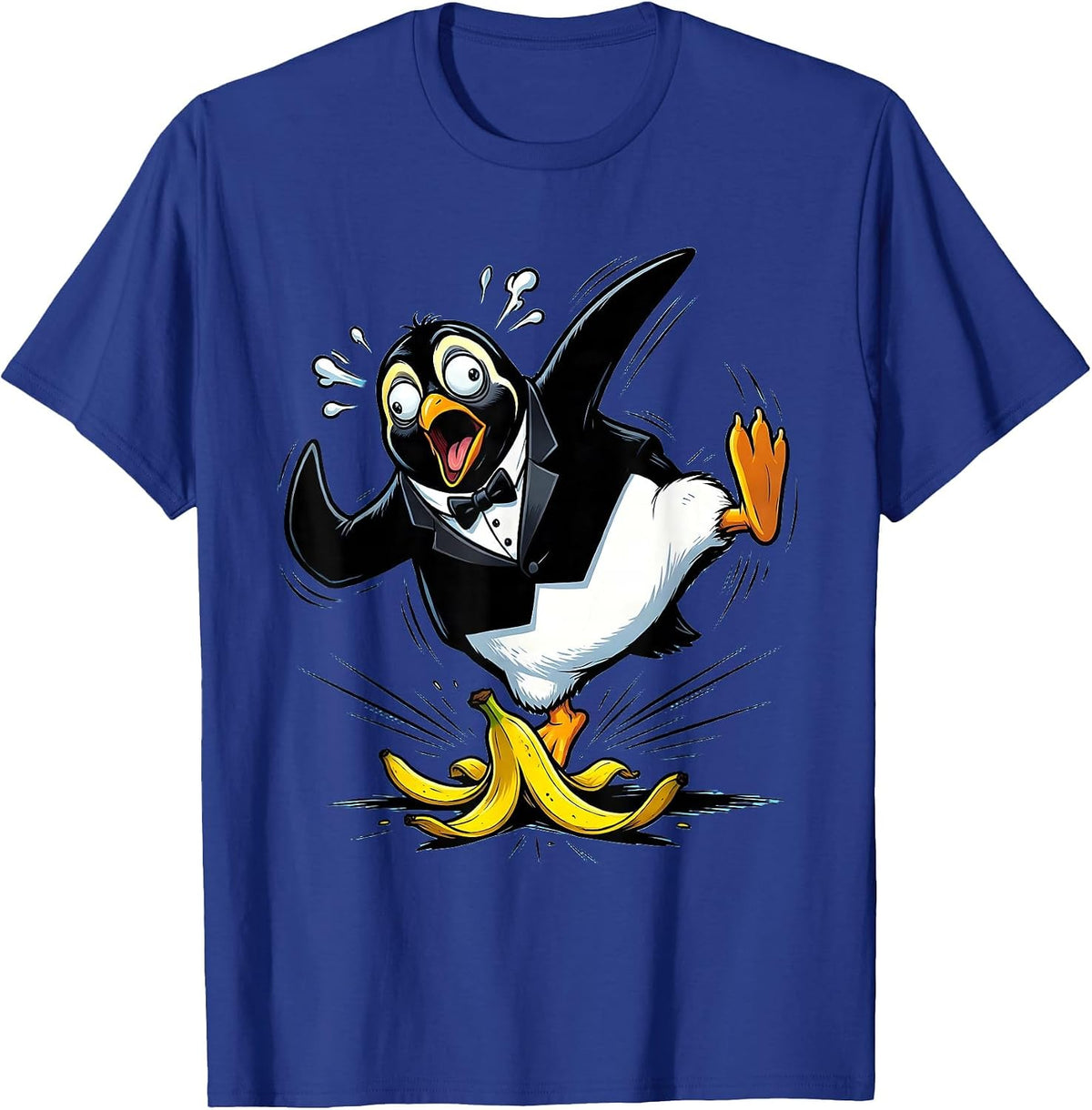 Men's Dramatic Penguin Banana Peel Slip Funny Art T-Shirt - Royal Blue