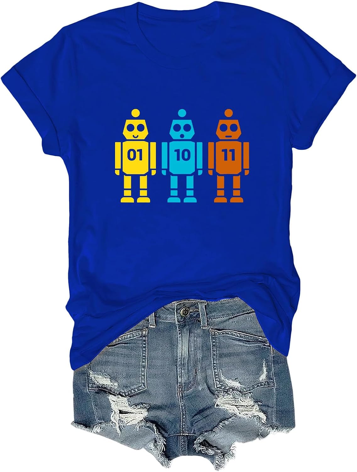 Binary Code Robot T-Shirt, 01 10 11 Coding Shirt Funny Programmer Geek Gift Tee for Men Women - Crewneck Sapphire Blue