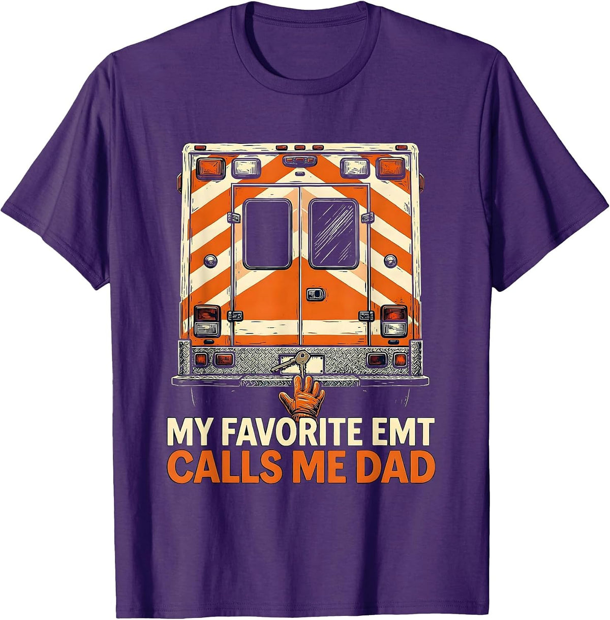 Men's My Favorite EMT Calls Me Dad Linocut Family Tribute Gift T-Shirt - Purple