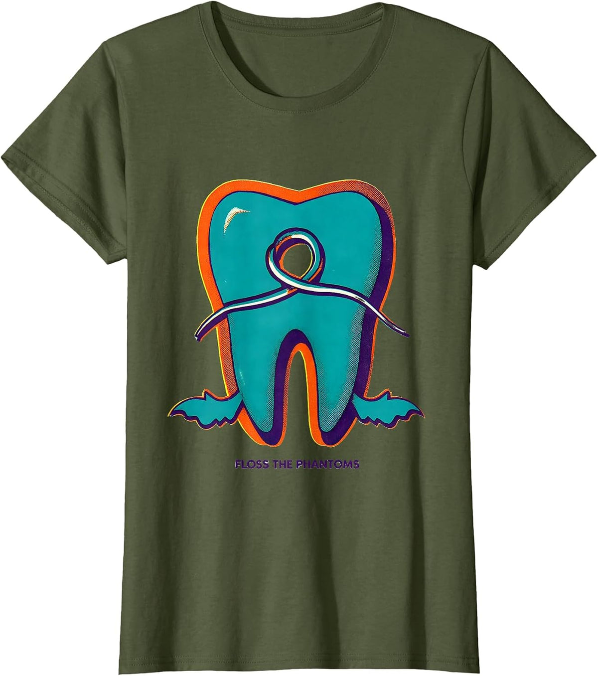 Women's Floss the Phantoms Risograph Halloween Dentist Dental T-Shirt - Olive Green