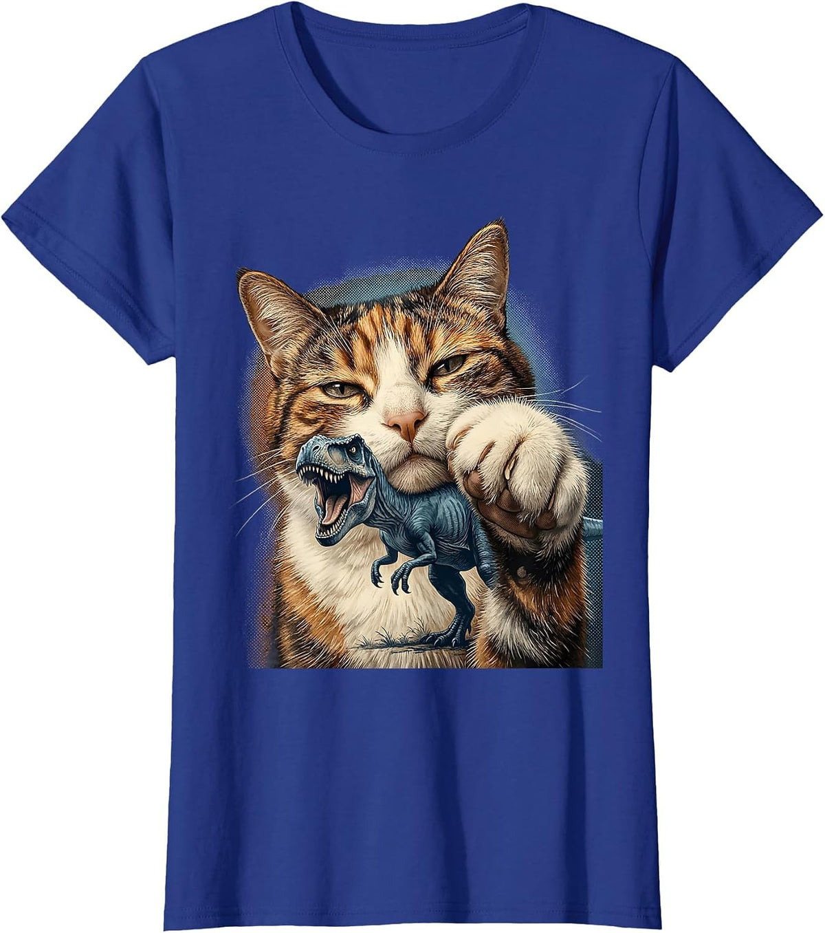 Women's Cat Selfie With T-Rex Dinosaur Funny Meme Cat Lover T-Shirt - Royal Blue