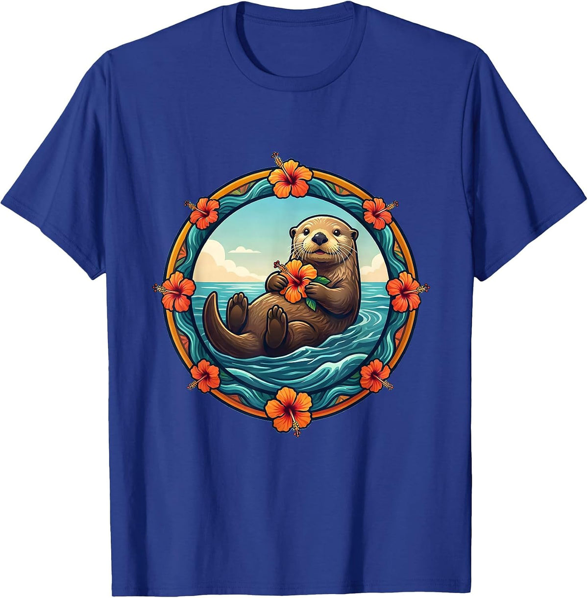 Men's Kids Hawaiian Sea Otter Hibiscus Flower Design T-Shirt - Royal Blue
