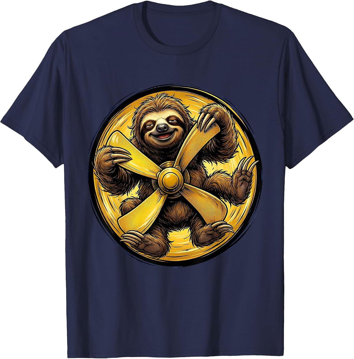 Sloth Hanging From Office Ceiling Fan Graphic T-Shirt - Navy Blue