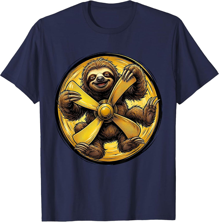 Sloth Hanging From Office Ceiling Fan Graphic T-Shirt - Navy Blue