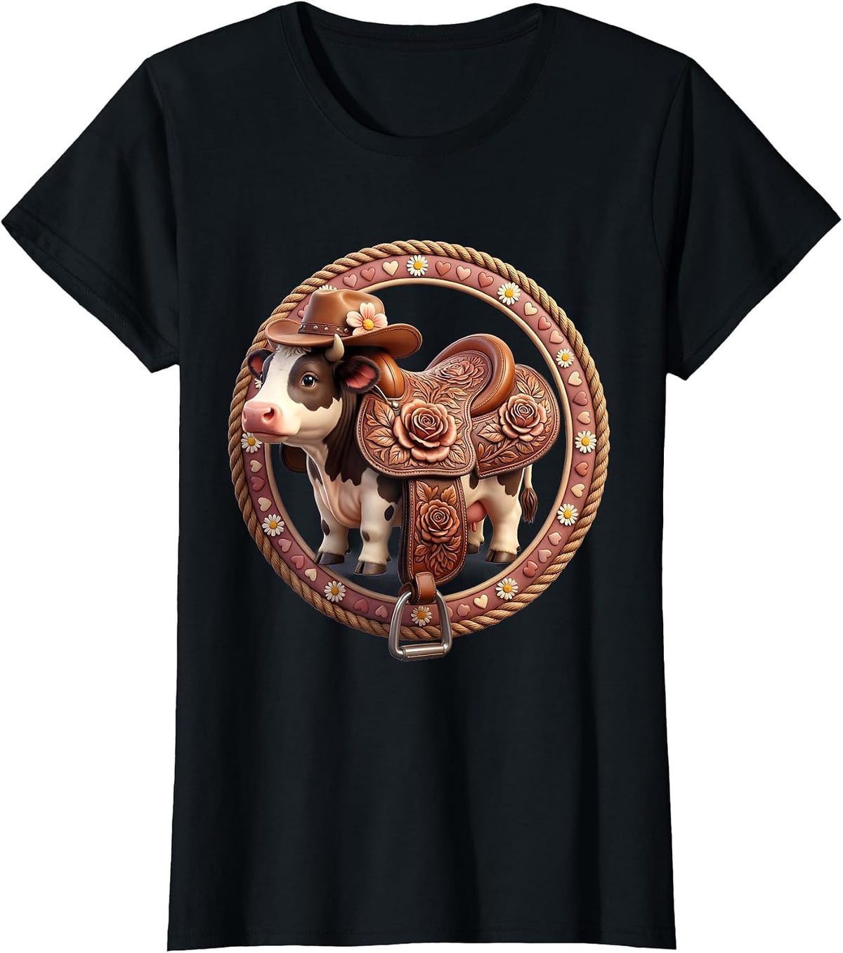 Floral Tooled Leather Saddle Cowgirl Design T-Shirt - Black