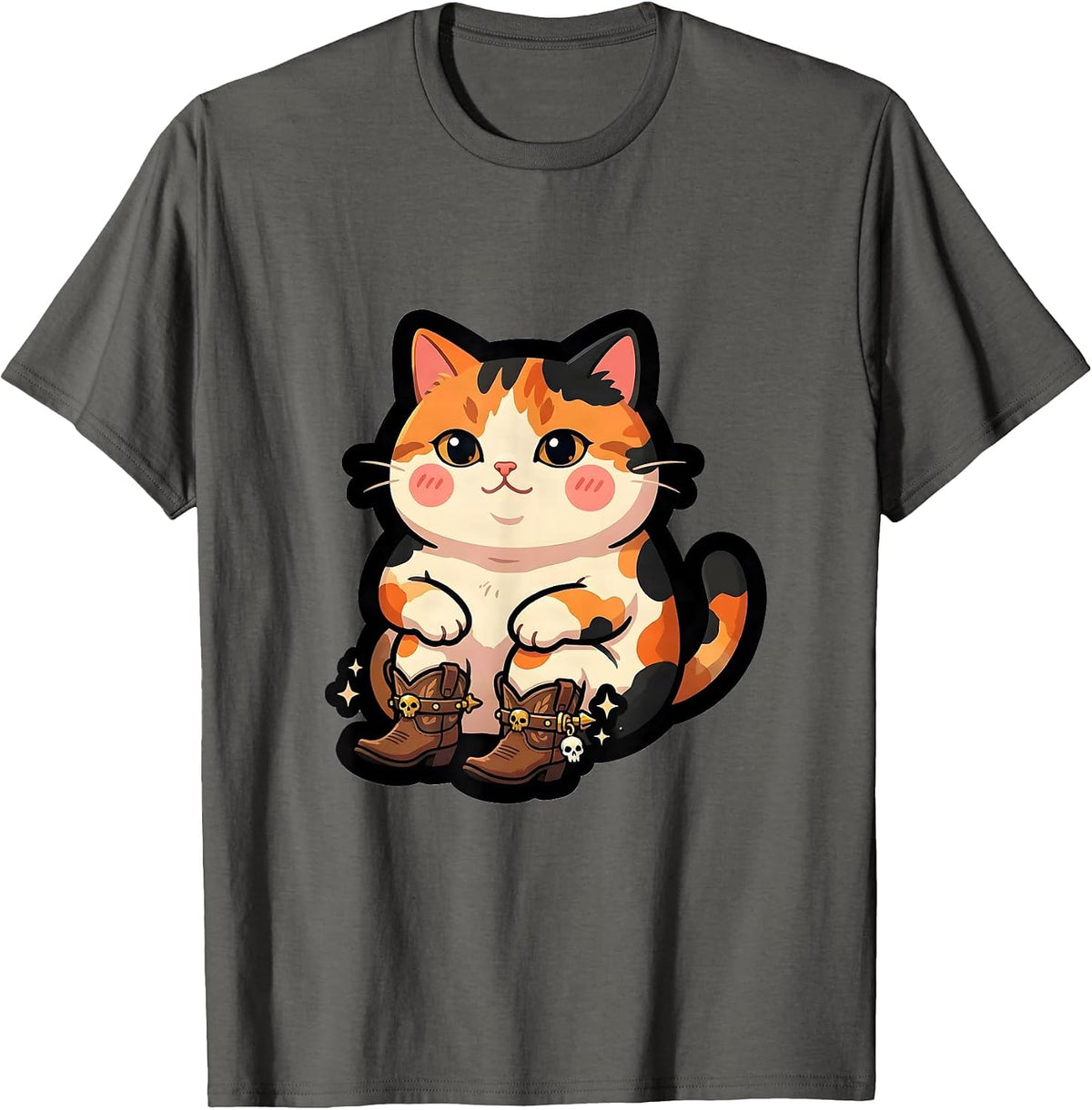 Men's Meowboys Calico Cat Cowboy Boots Spurs Porch T-Shirt - Asphalt Grey