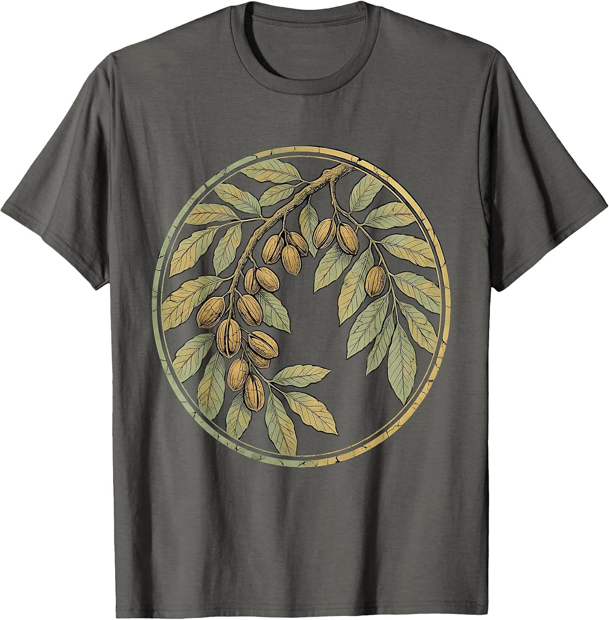 Texas Pecan Tree Branch Nuts and Leaves Illustration T-Shirt - Asphalt Grey