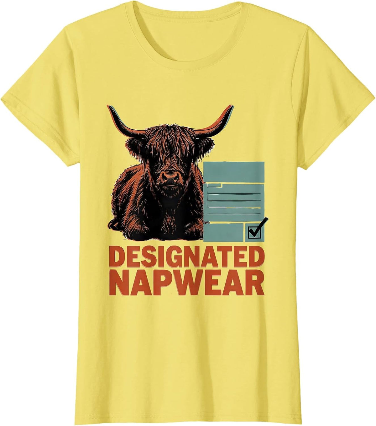 Women's Designated Napwear Funny Highland Cow Sleep Shirt Attitude T-Shirt - Lemon Yellow