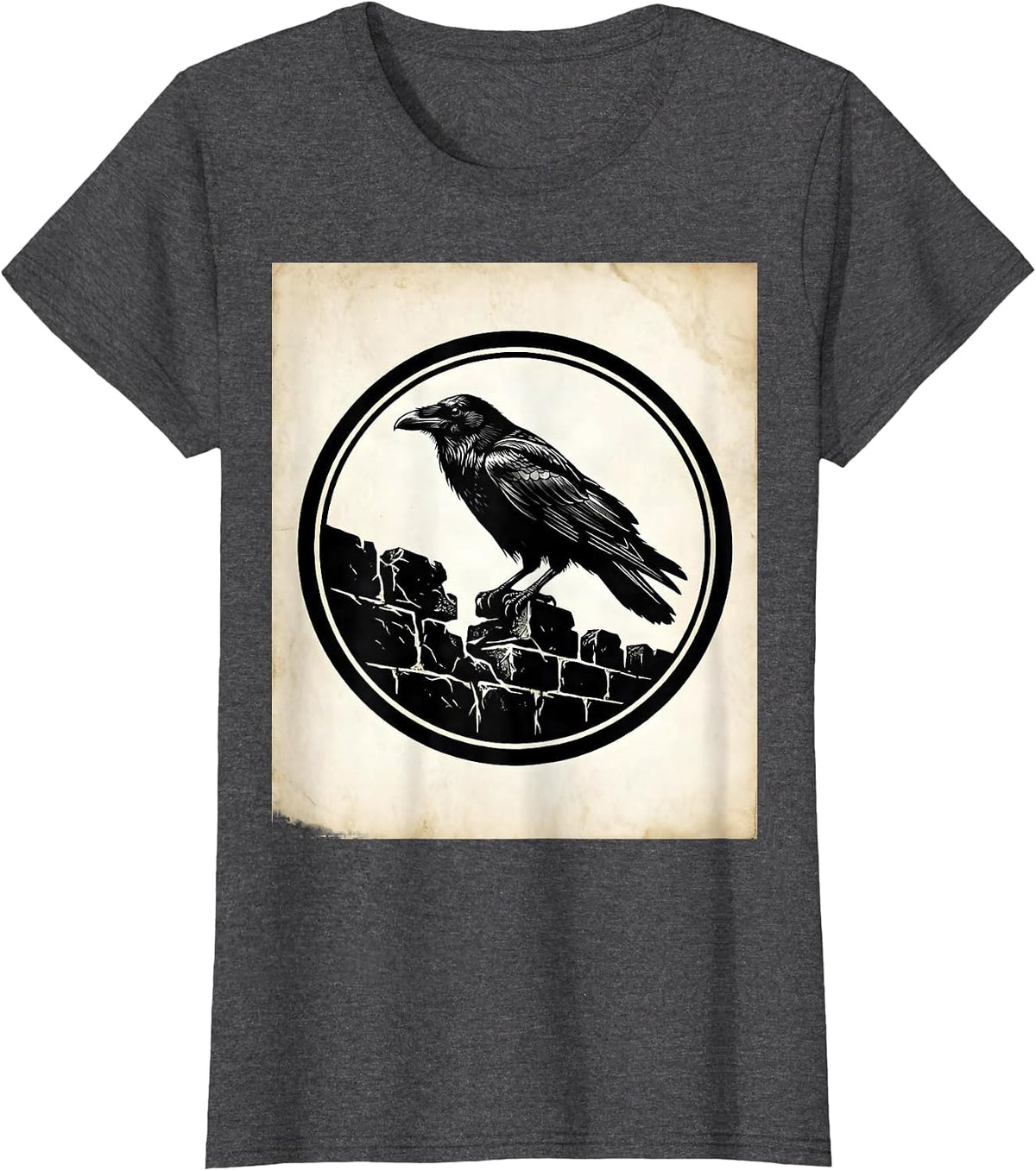 Women's Crow Perched on Crumbling Stone Wall T-Shirt - Dark Heather Grey