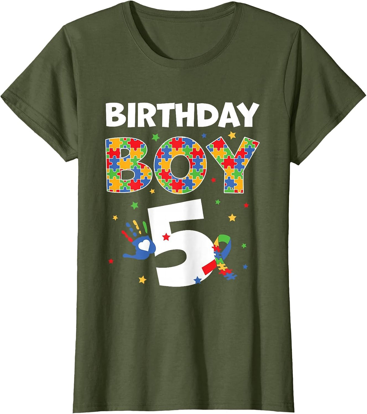 The 5th Birthday Boy Autism Awareness Puzzle Piece T-Shirt - Olive Green