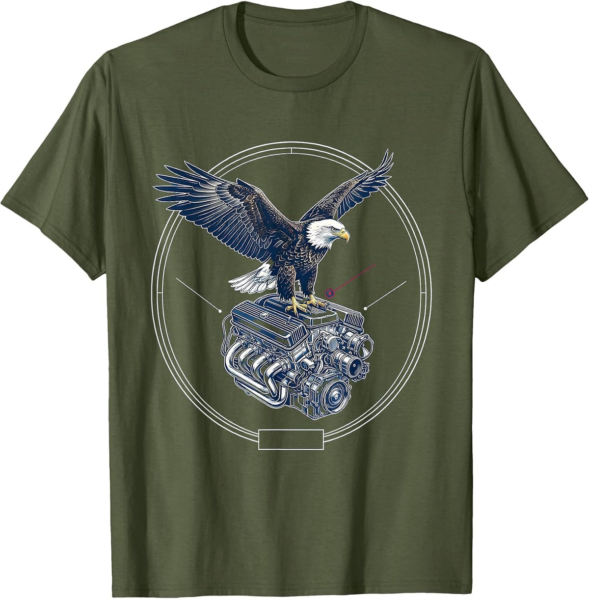 Men's Bald Eagle Perched on V8 Engine Graphic T-Shirt - Olive Green