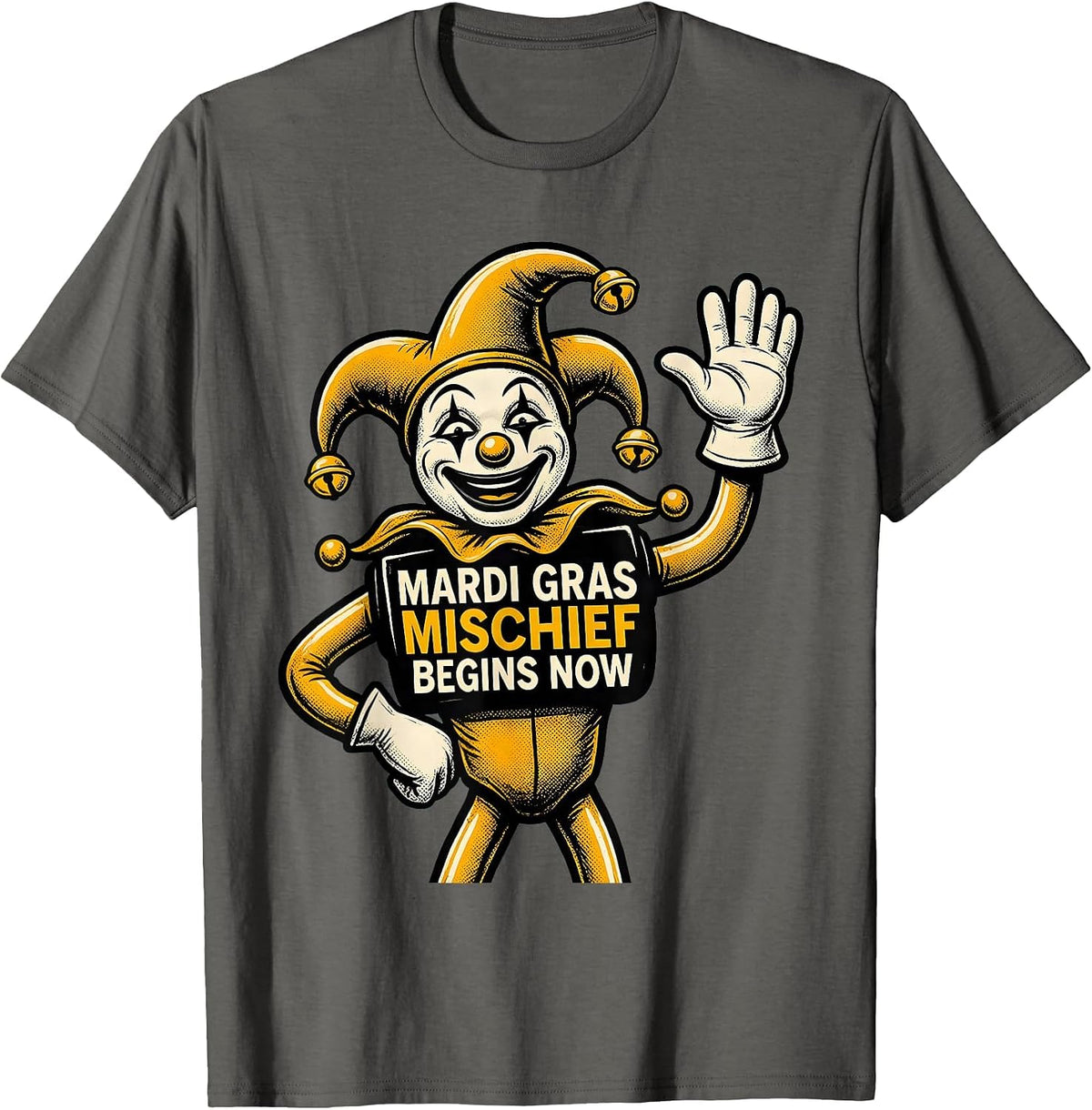 Mardi Gras Mischief Begins Now Retro Cartoon Jester Carnival T-Shirt - Asphalt Grey