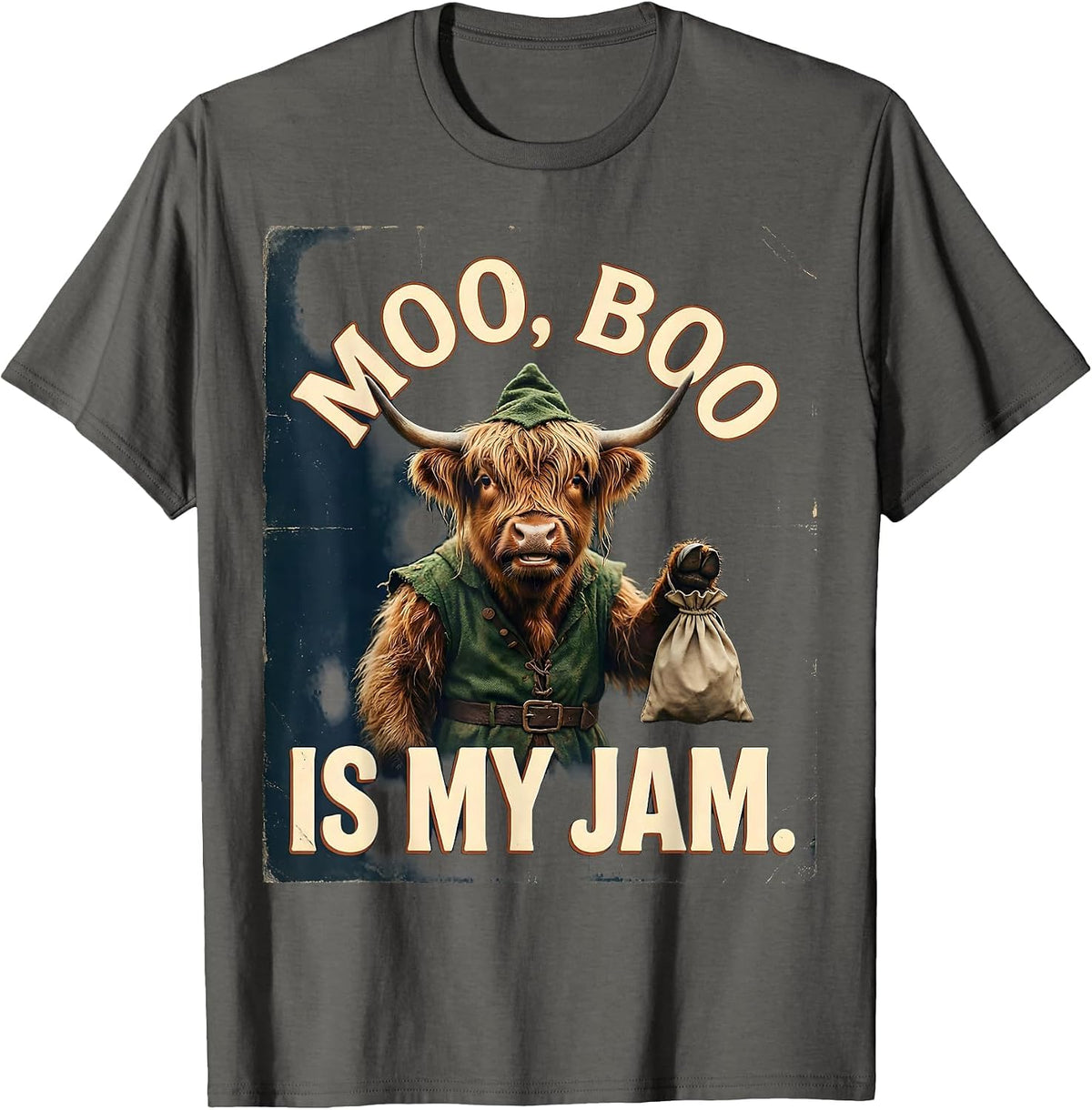 Moo, Boo Is My Jam Vintage Highland Cow Halloween Costume T-Shirt - Asphalt Grey