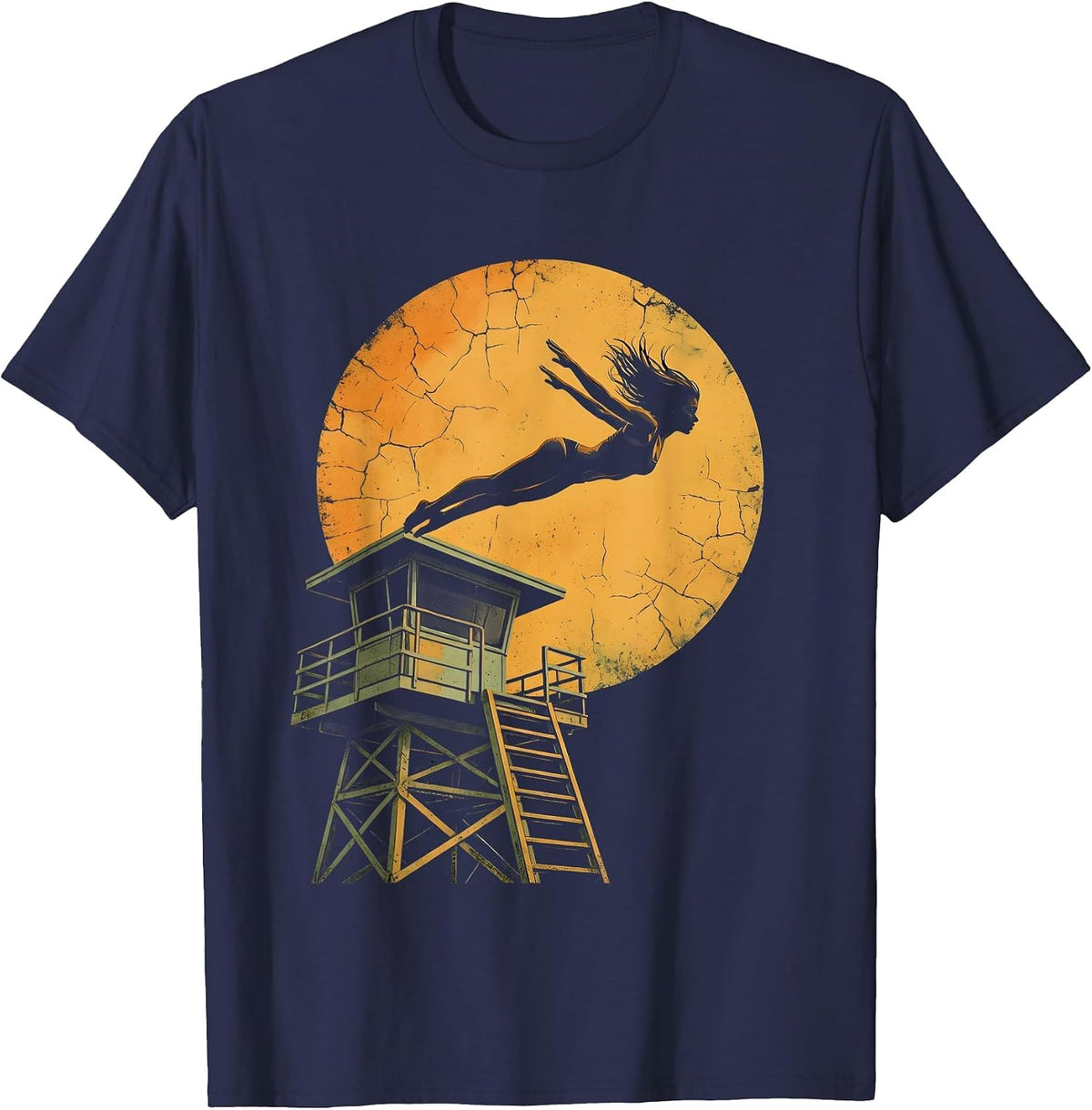 Labor Day Lifeguard Diving Tower Graphic T-Shirt - Navy Blue