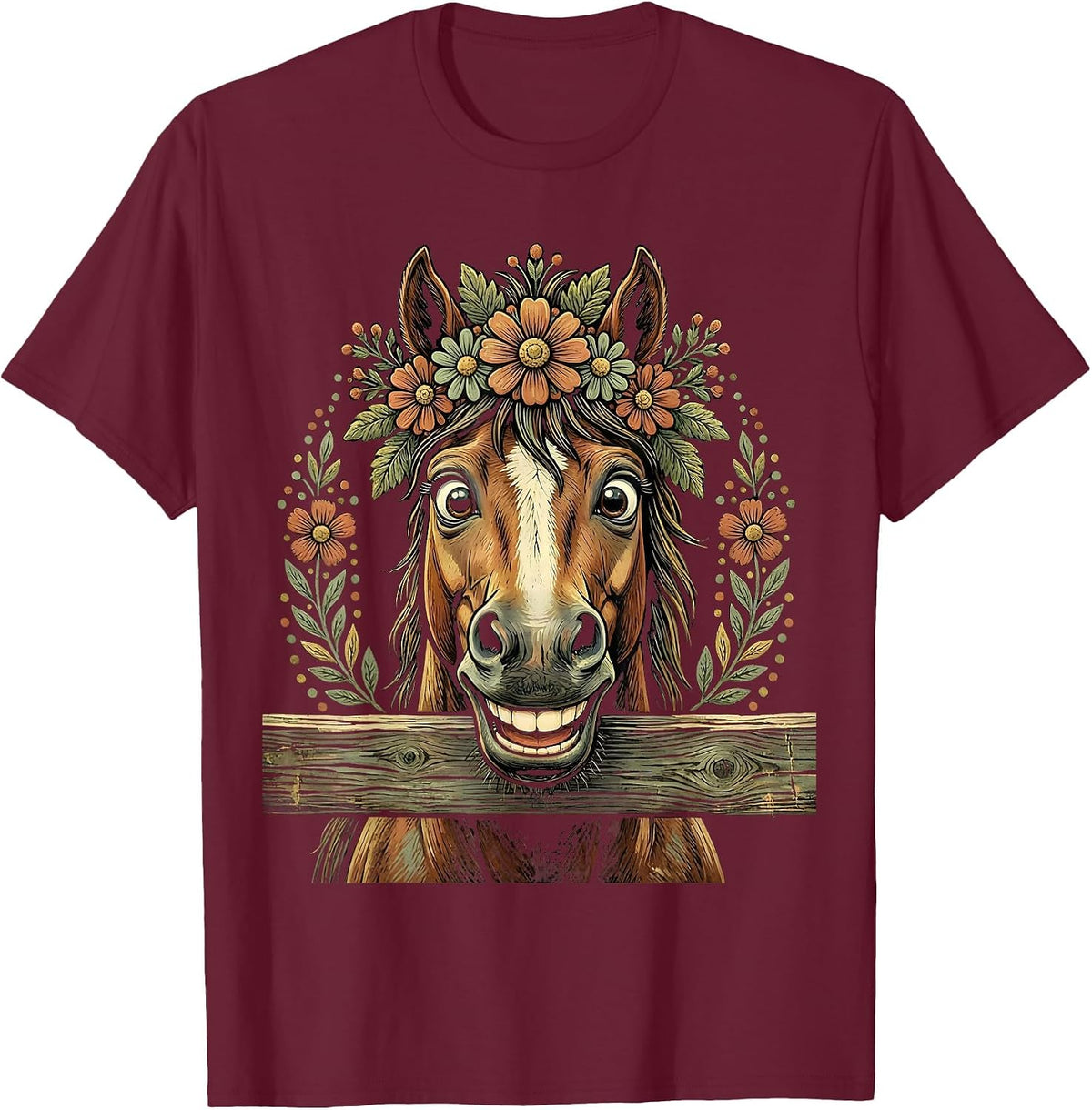 Smiling Horse Peeking Over Fence Cowgirl Design T-Shirt - Burgundy