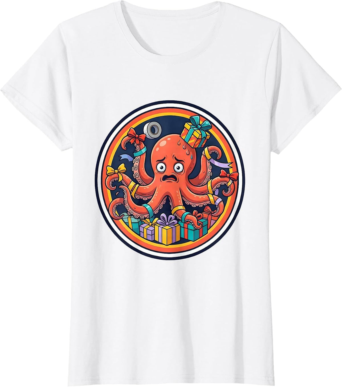 Overwhelmed Octopus Gift Wrapping Chaos T-Shirt - White